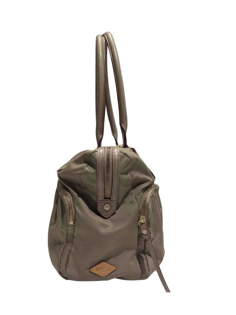 MZ Wallace Nylon Satchel Shoulder Bag Olive Khaki Leather Trim Gold Hardware